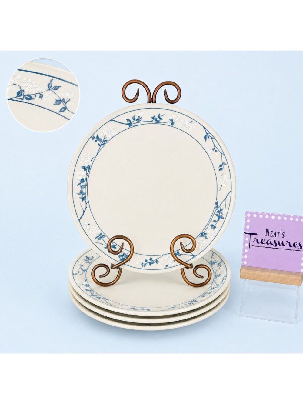 Corelle FIRST SPRING White Flowers Blue Stem Beige Vitrelle Dinner Plates Set 4